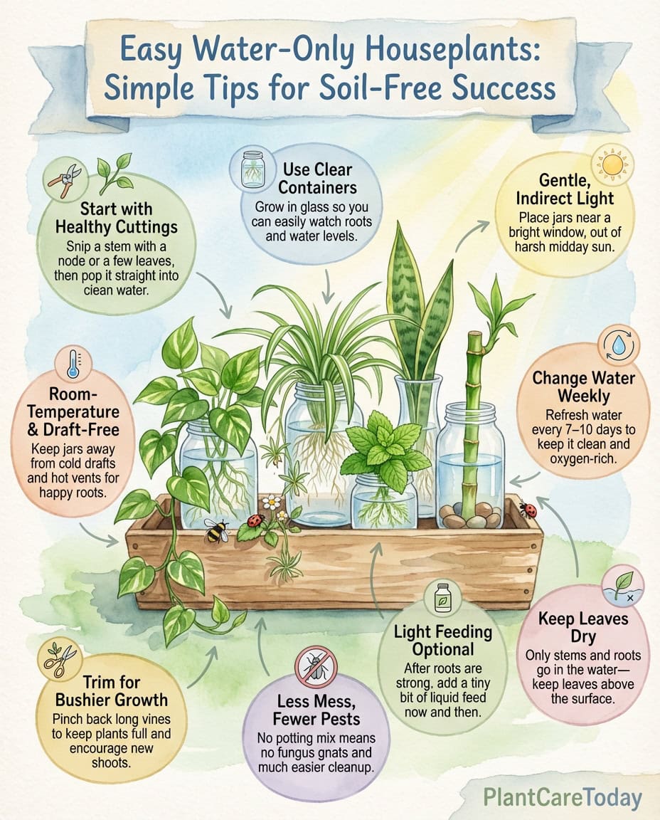 Infographic displaying 15 houseplants suitable for water-only growing with setup instructions