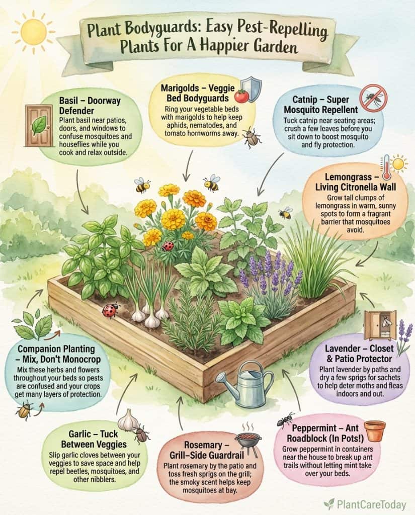 C_10459_SwBJA_plants-natural-pest-control-f1 Infographic displaying 15 pest-repelling plants with photos and target pest icons for natural garden protection