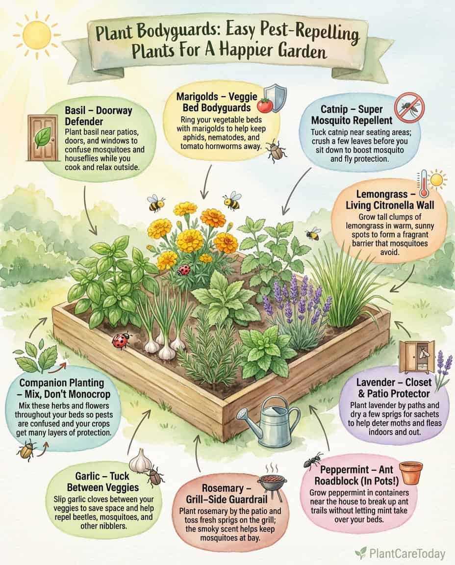 Infographic displaying 15 pest-repelling plants with photos and target pest icons for natural garden protection