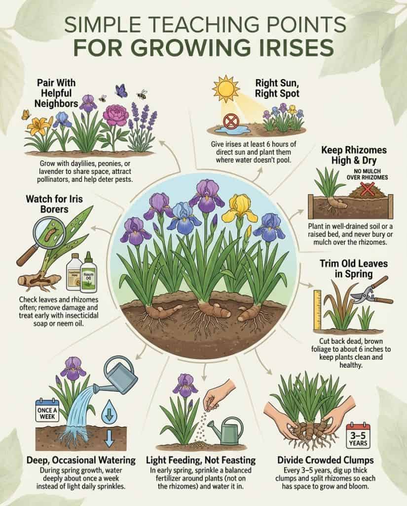 C_10463_yEtGf_iris-spring-care-secrets-f1 Iris care infographic showing spring maintenance steps with root division and planting depth diagrams