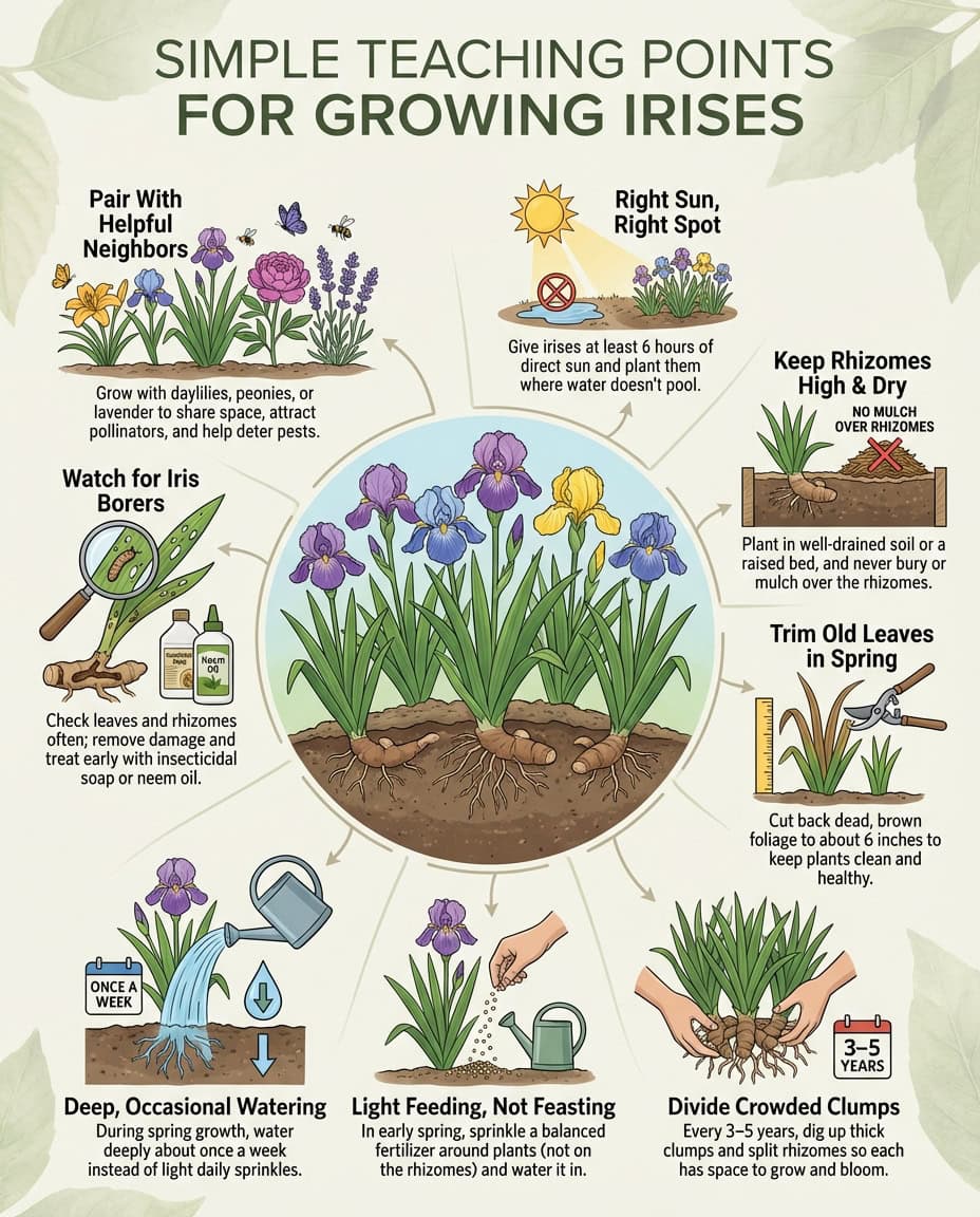 Iris care infographic showing spring maintenance steps with root division and planting depth diagrams