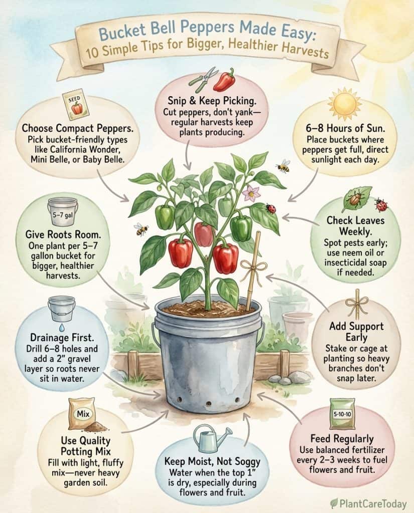 Infographic detailing container bell pepper growing fundamentals with variety selection and care tips