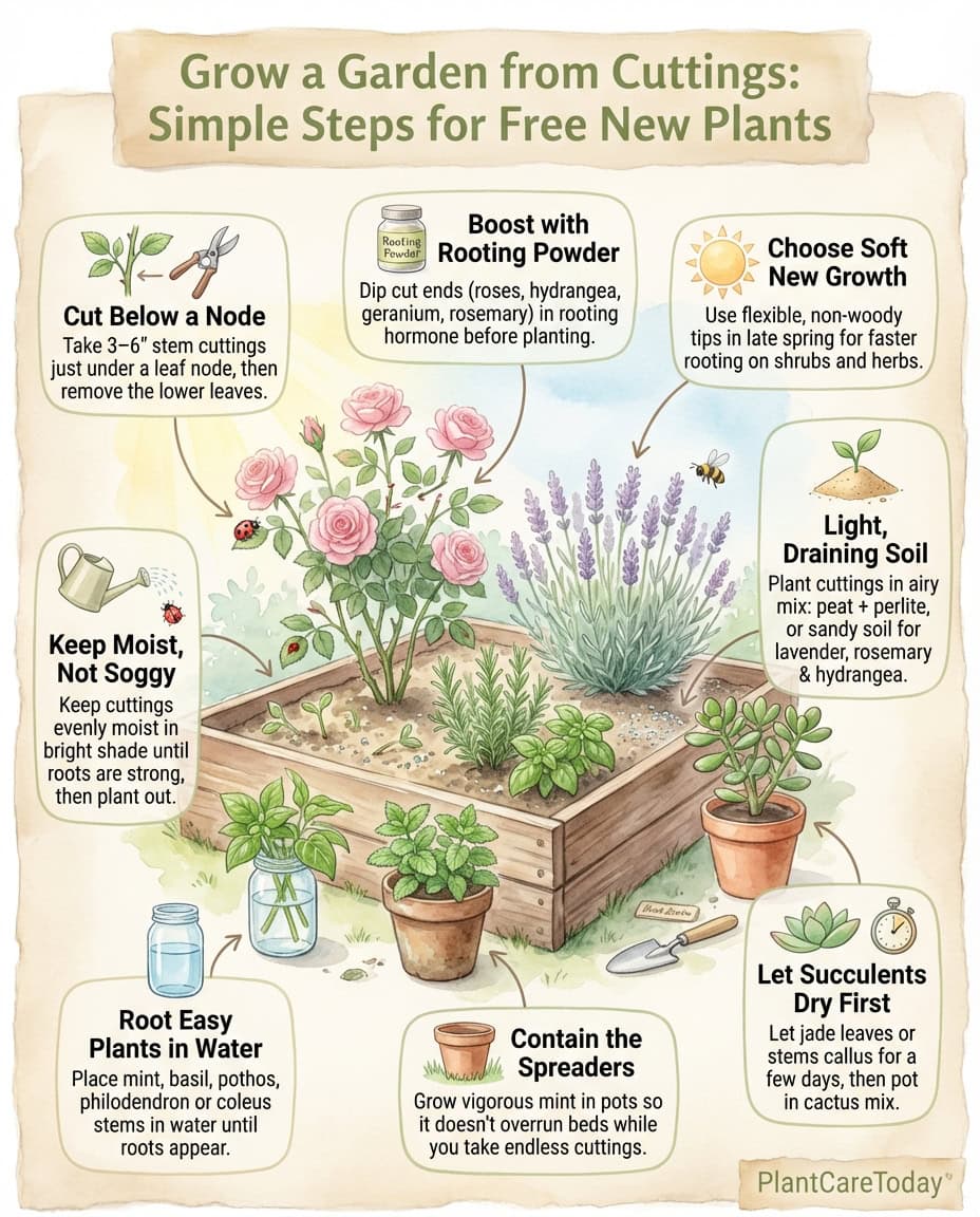 Infographic displaying 15 easy-to-propagate plants with cutting methods and success rates