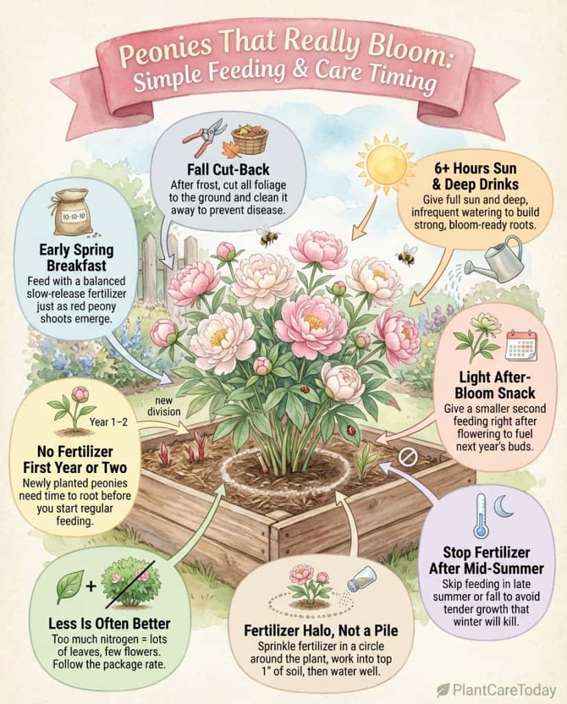 Peony fertilizing infographic showing seasonal feeding schedule with nutrient type breakdown