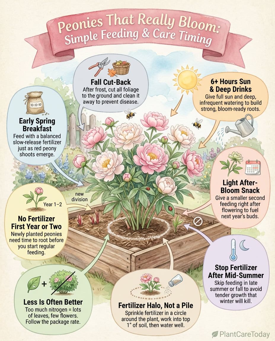 Peony fertilizing infographic showing seasonal feeding schedule with nutrient type breakdown