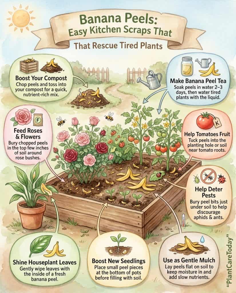 C_10469_pQPNJ_banana-peels-save-plants-f1 Infographic showing twelve banana peel fertilizer methods for garden plants with step-by-step visuals