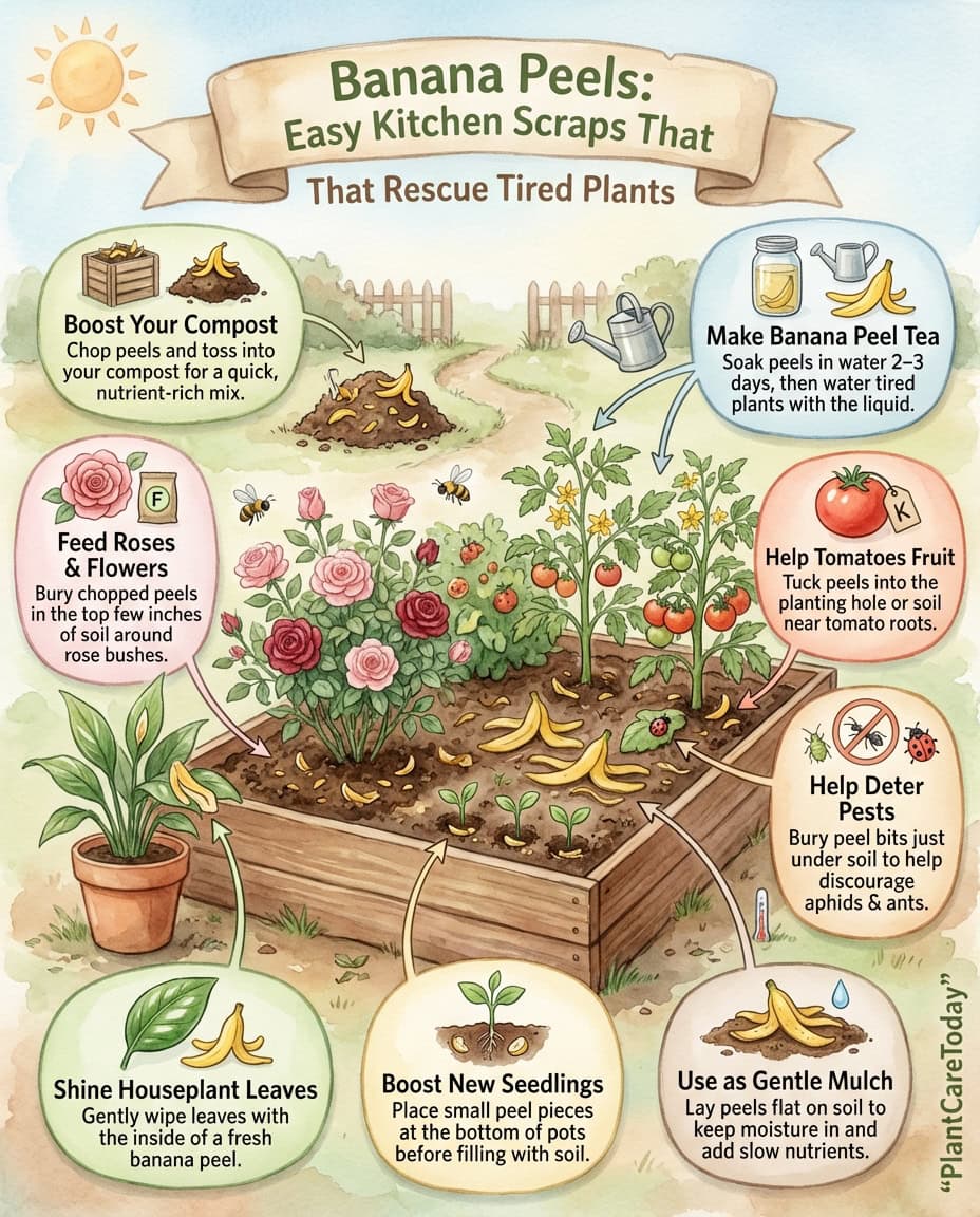 Infographic showing twelve banana peel fertilizer methods for garden plants with step-by-step visuals