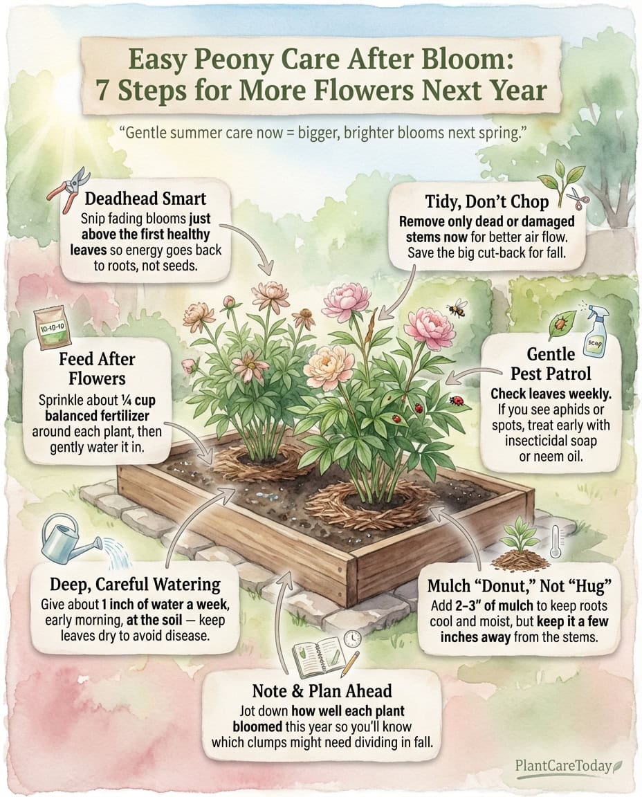 Peony care infographic showing post-bloom maintenance steps over four-week timeline with illustrations