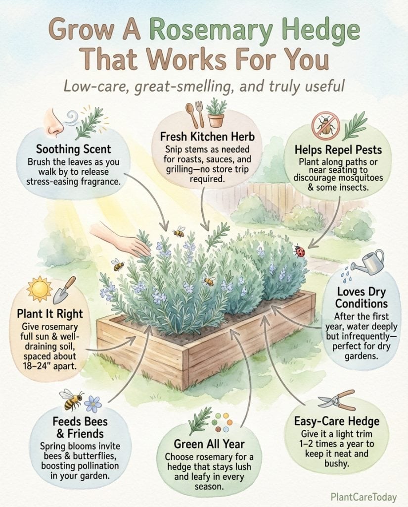 Infographic showing rosemary hedge benefits with cost comparison and maintenance requirement breakdown