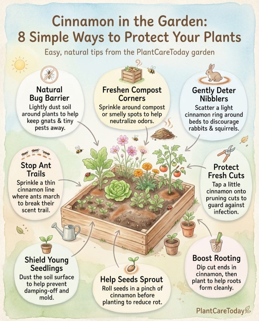 C_10472_h8nCl_cinnamon-garden-uses-benefits-f1 Infographic displaying ten garden uses for cinnamon with icons showing seedlings, pests, and plant care applications