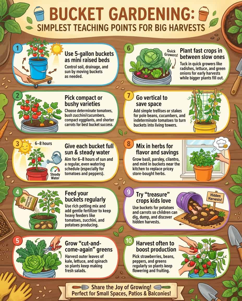 Infographic displaying 15 plants suitable for 5-gallon bucket container gardening with growing icons