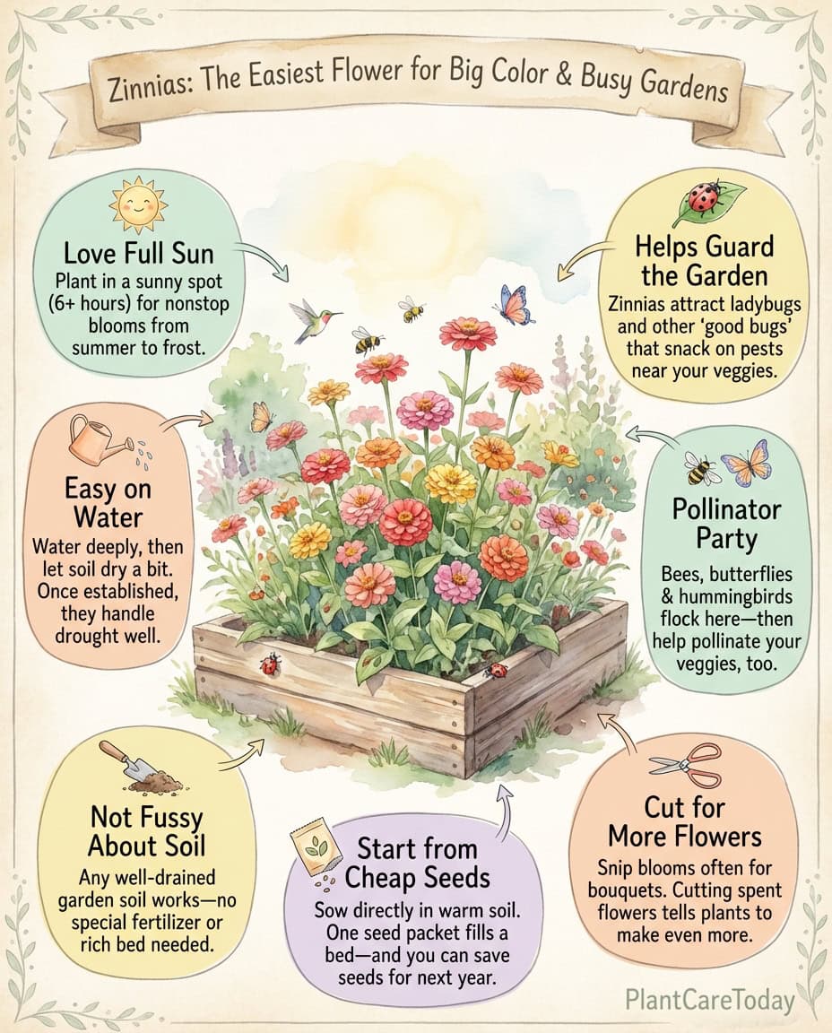 Zinnia growing infographic showing planting steps and care requirements with bloom timeline