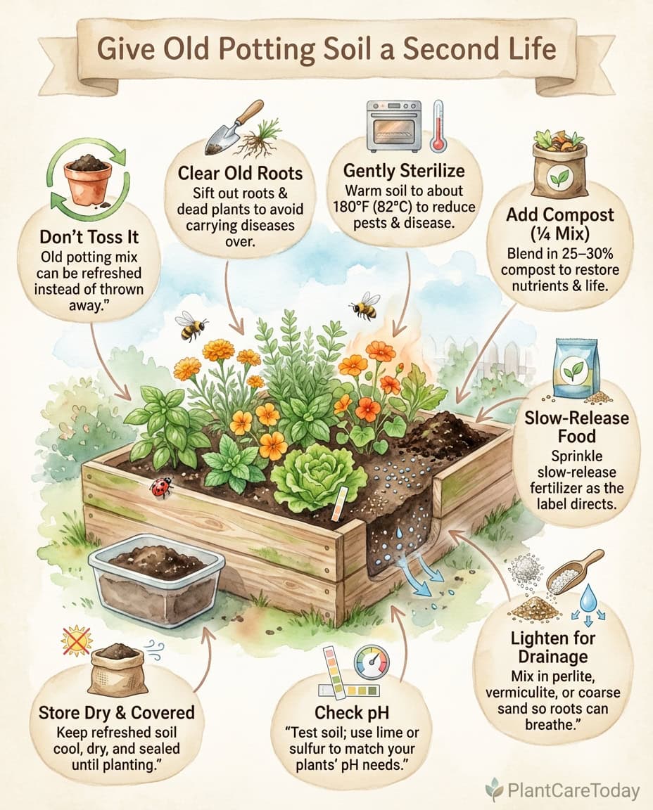Infographic showing potting soil rejuvenation process with seven steps and amendment illustrations