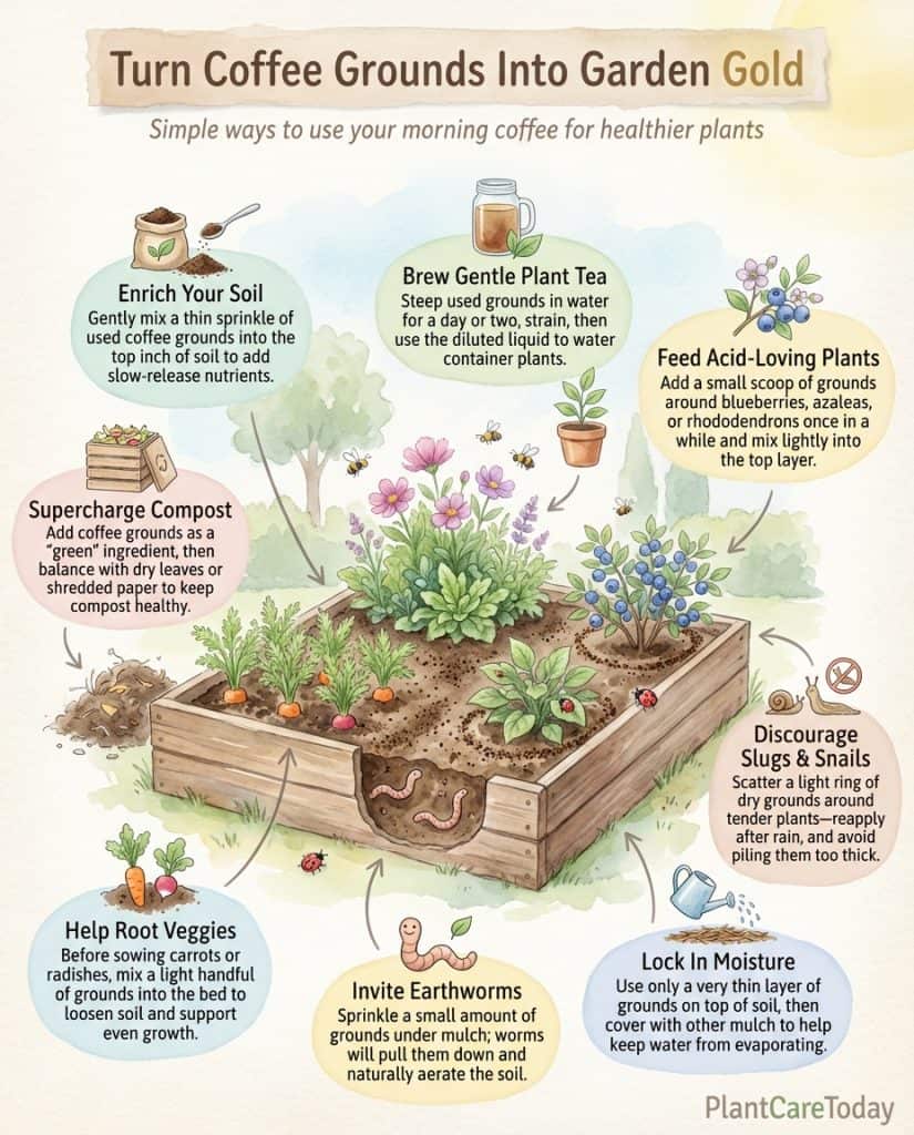 Coffee grounds infographic showing application methods for garden plants with usage diagrams