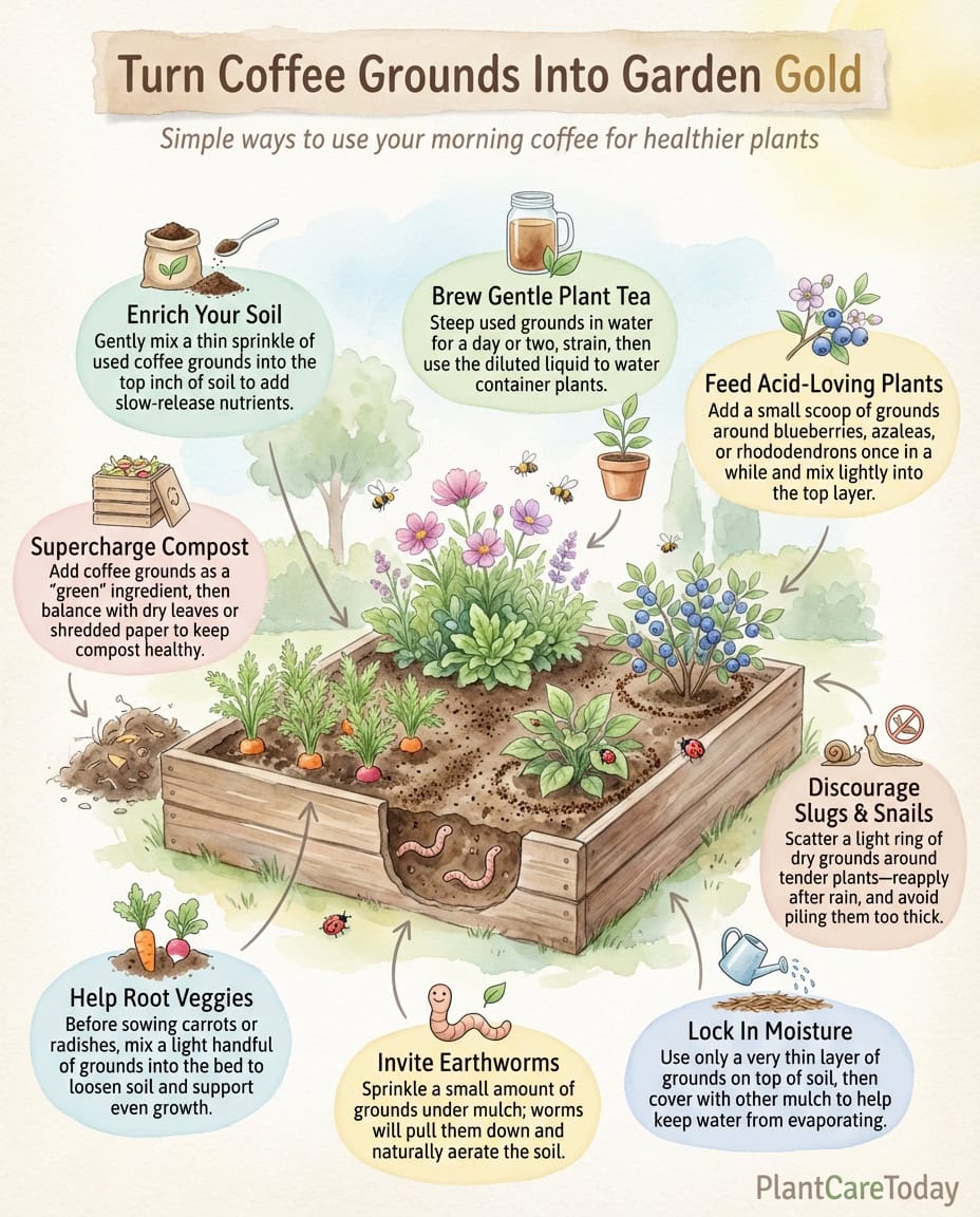 Coffee grounds infographic showing application methods for garden plants with usage diagrams