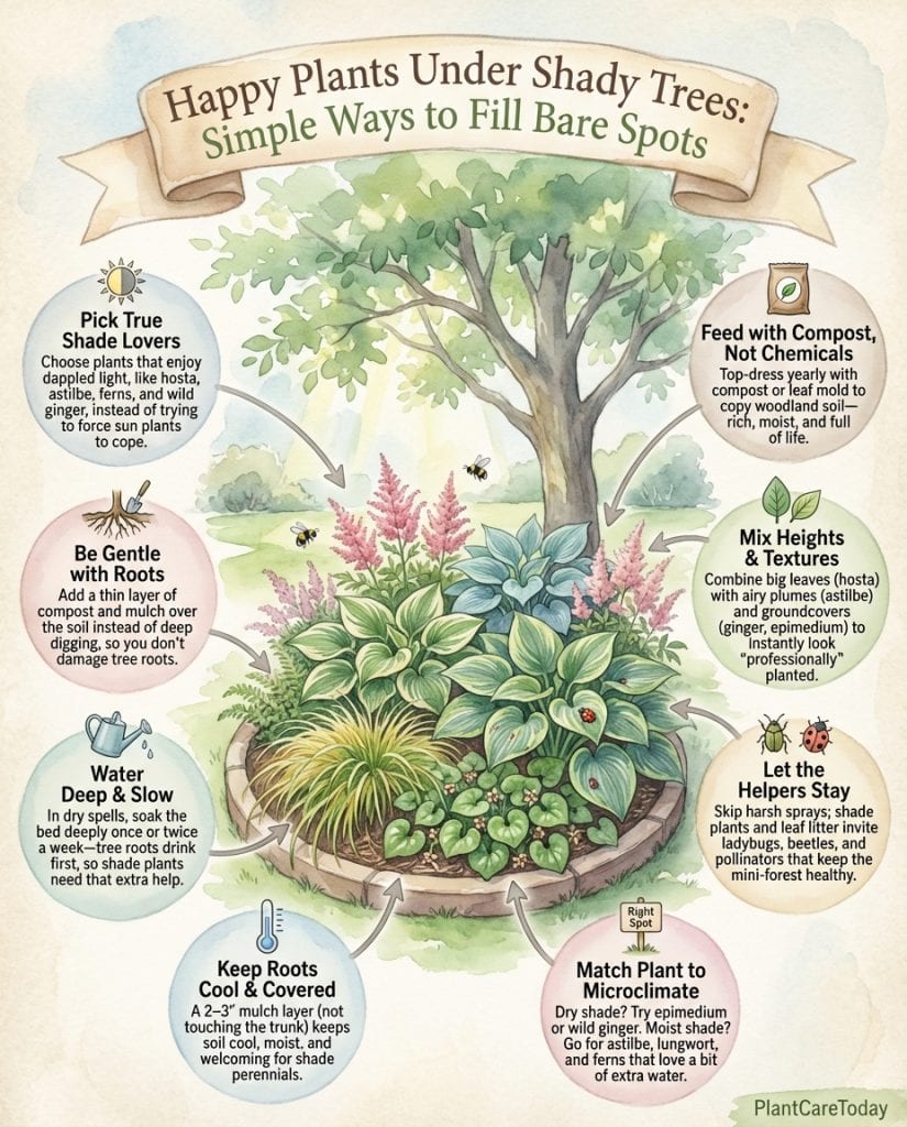 C_10477_ROUl9_shade-plants-thriving-under-trees-f1 Infographic displaying shade-tolerant plants suitable for growing under trees with planting guidance