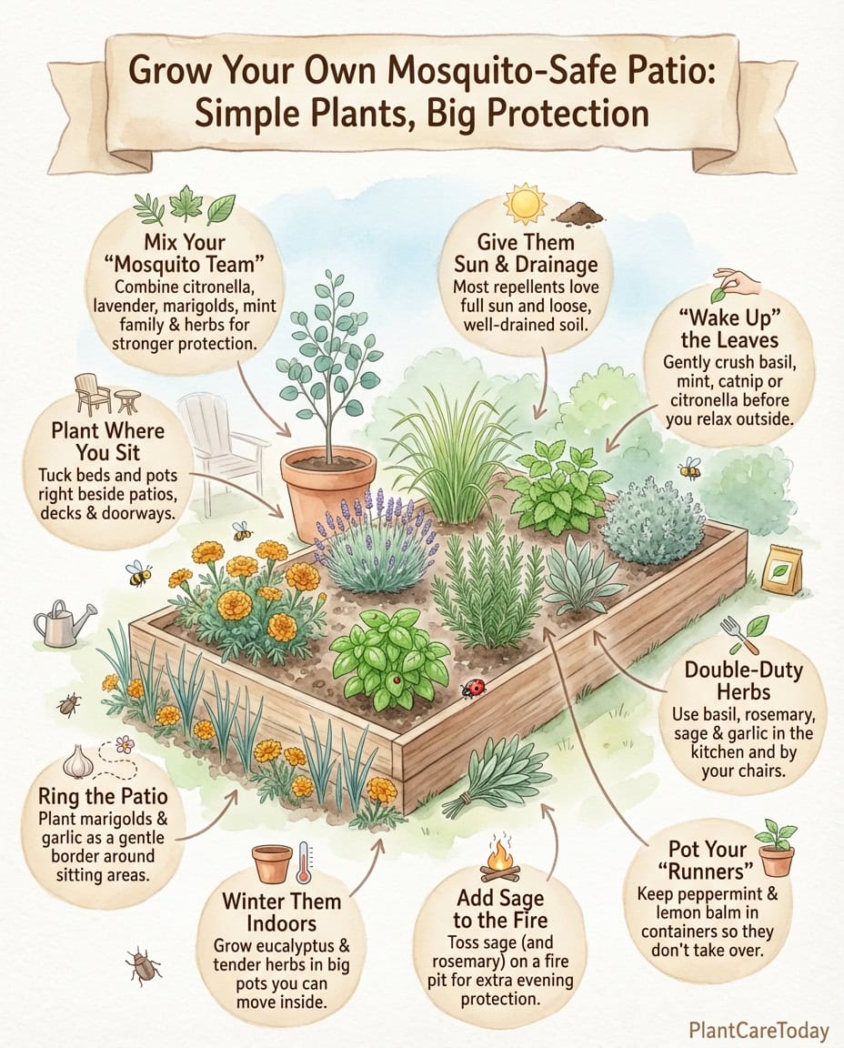 Infographic displaying twelve mosquito-repelling plants including catnip with identification photos