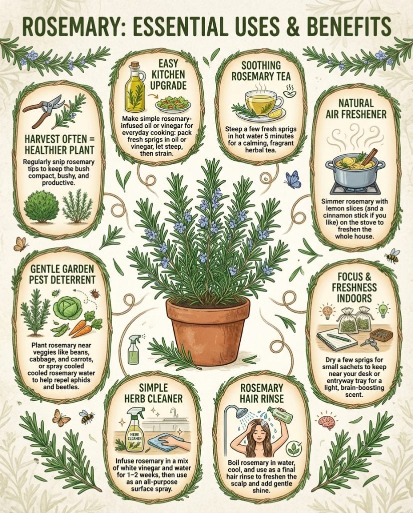 C_10480_IxJSQ_rosemary-home-hacks-guide-f1 Infographic displaying twelve household uses for rosemary with icons for cleaning, beauty, and garden applications