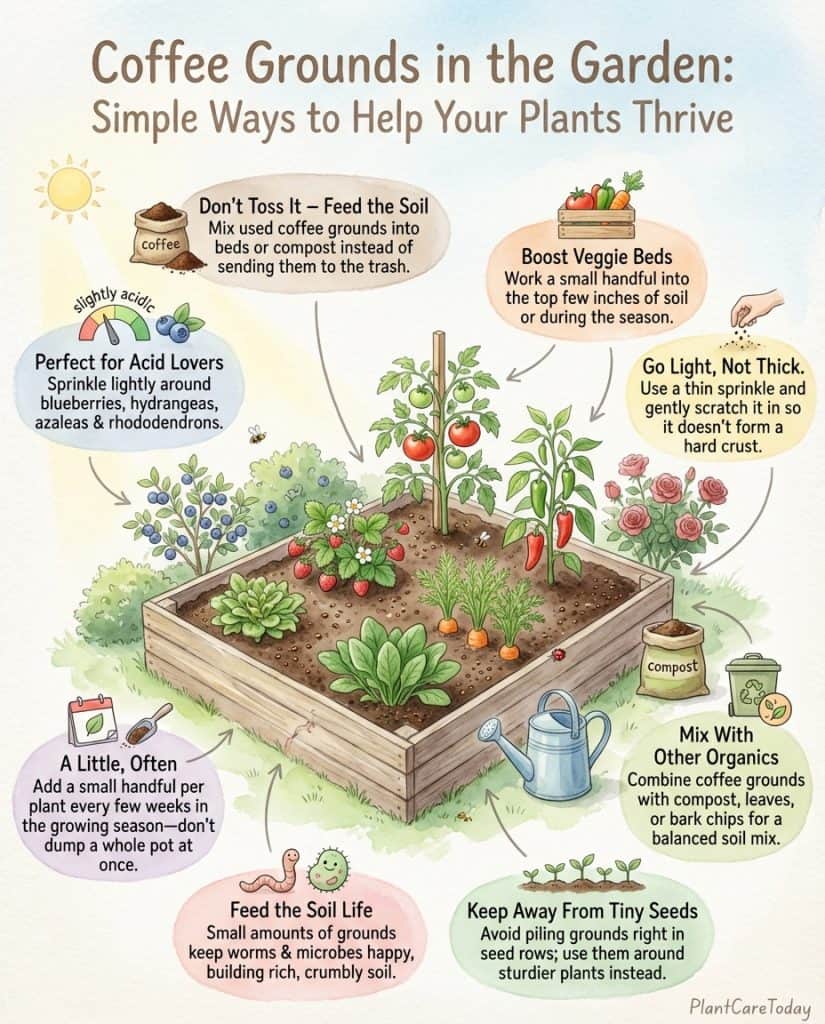 Infographic listing 15 plants that benefit from coffee grounds with plant icons and application tips