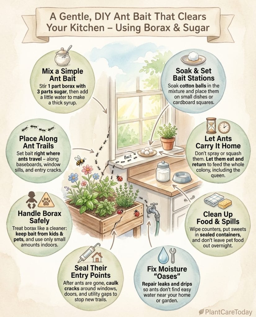 Infographic showing two-ingredient ant bait recipe with step-by-step mixing instructions