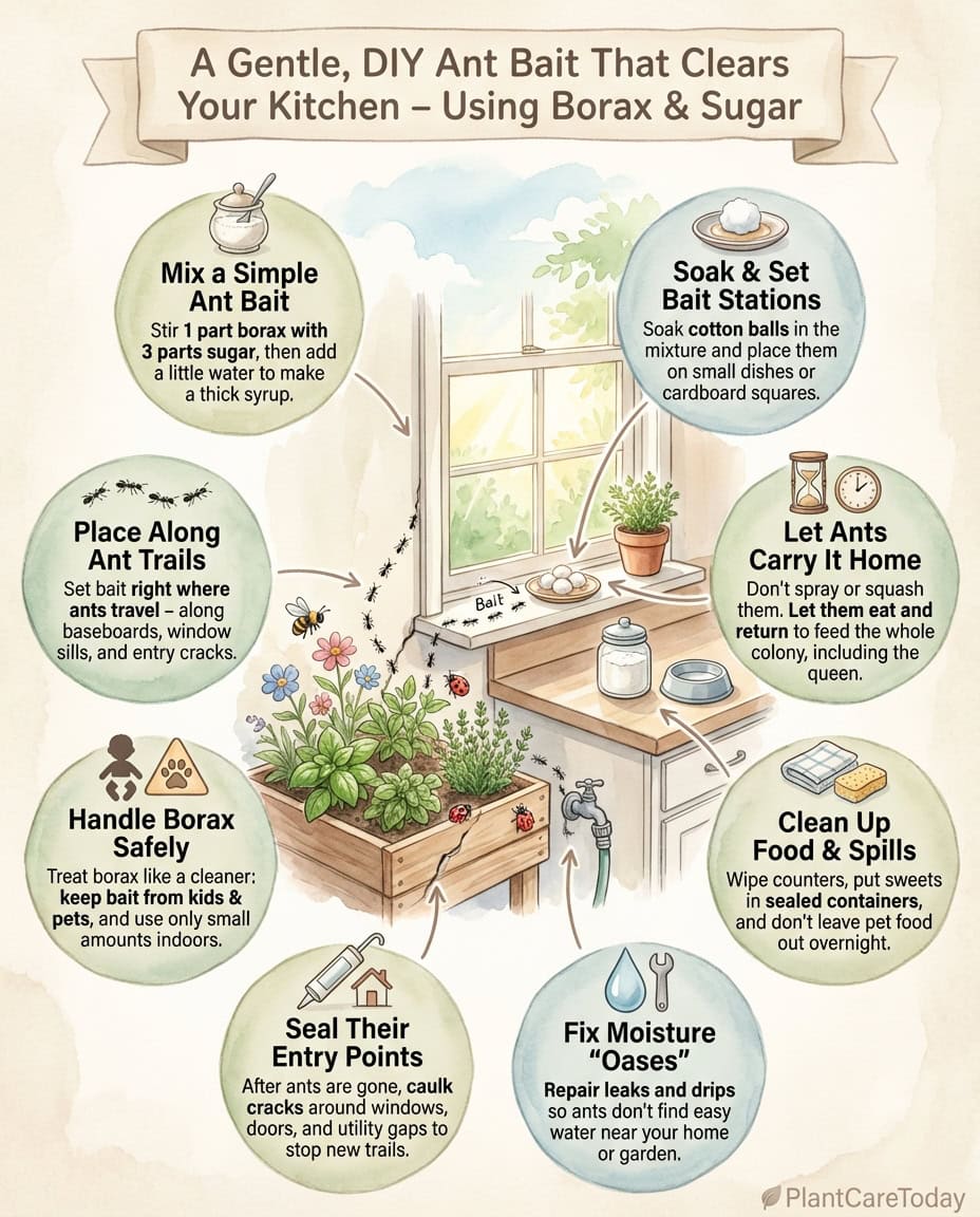 Infographic showing two-ingredient ant bait recipe with step-by-step mixing instructions