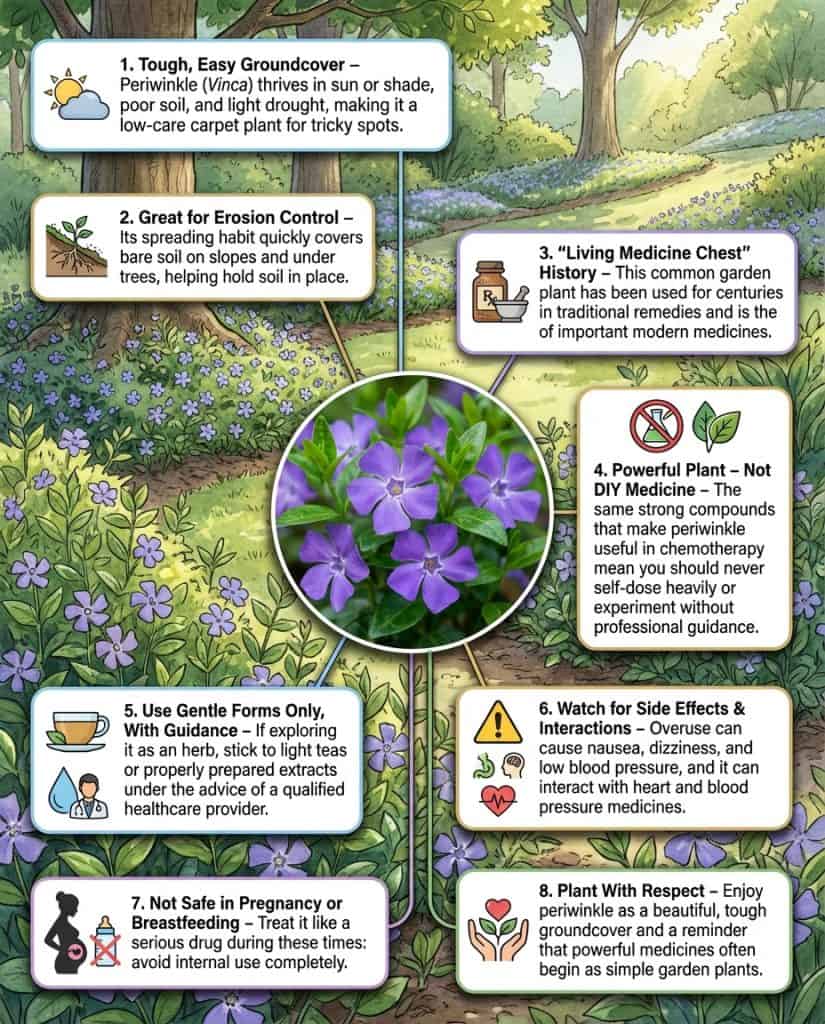 Periwinkle infographic showing medicinal compound production and pharmaceutical applications with plant diagrams
