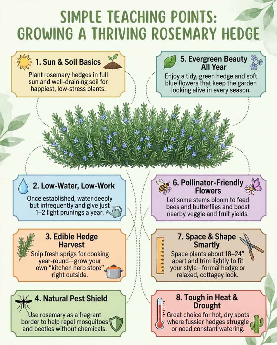 Rosemary hedge infographic listing eleven benefits with icons for culinary, medicinal, and garden uses