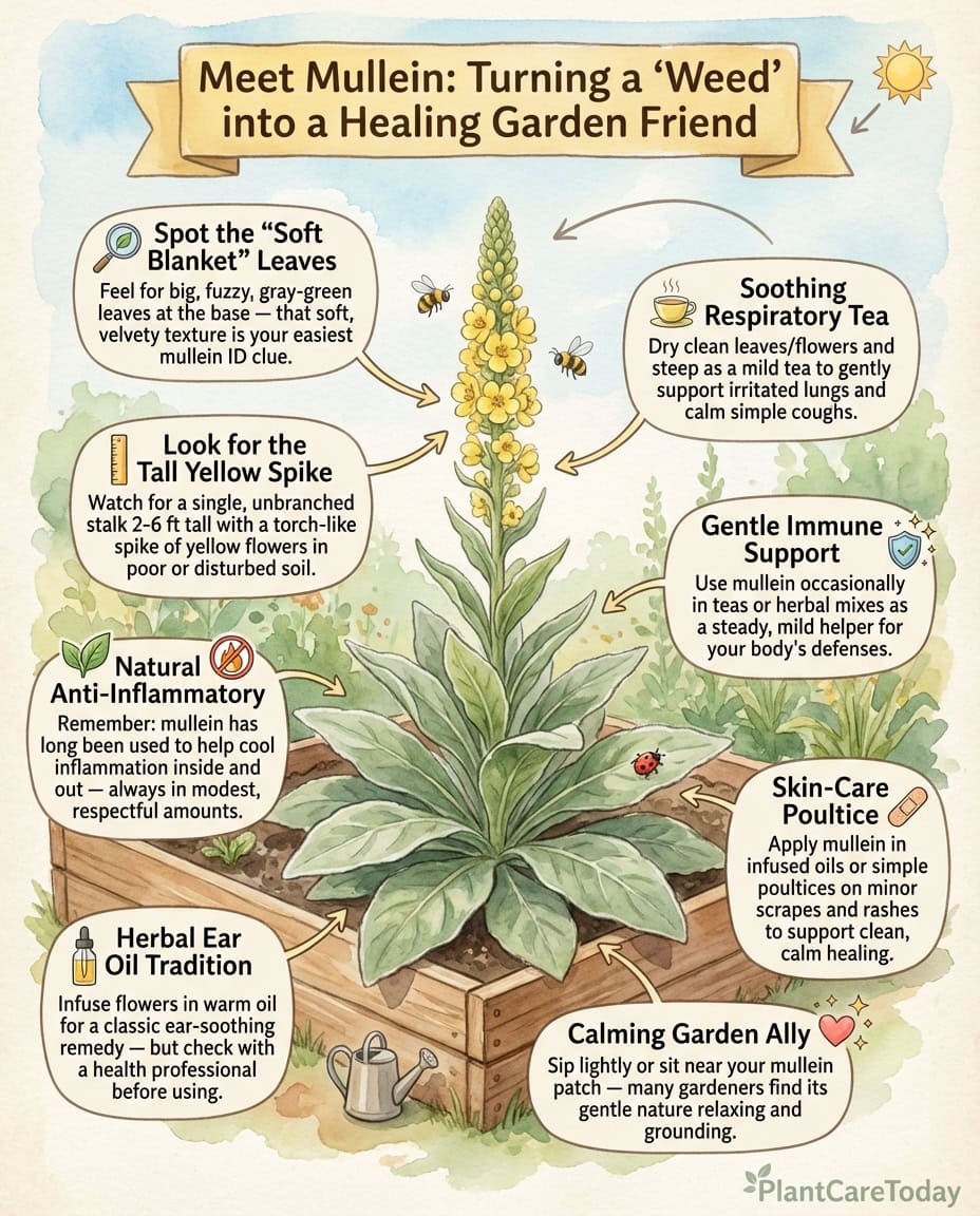 Mullein plant identification infographic showing leaf structure, flowering stages, and medicinal uses