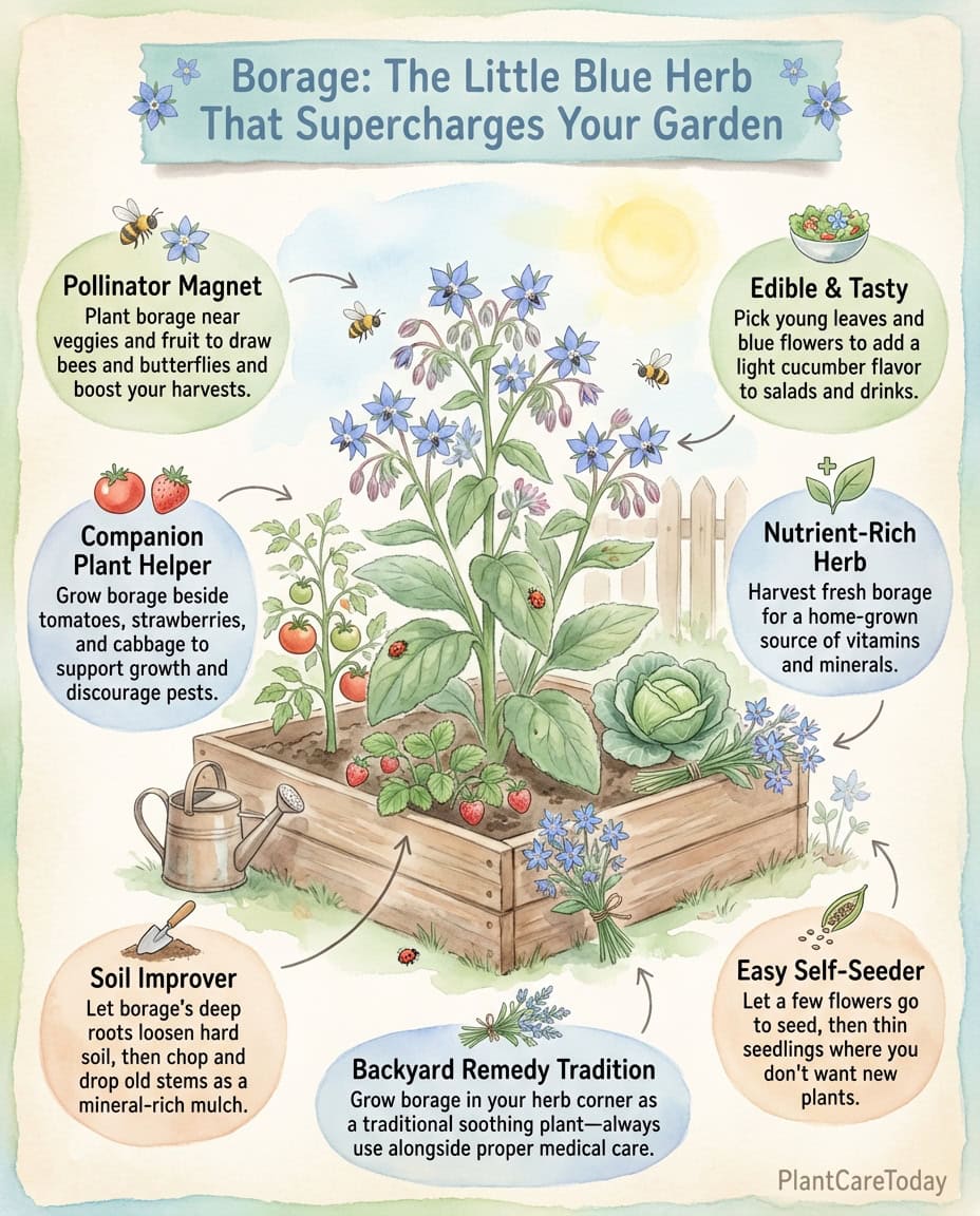 Borage companion planting infographic showing pollinator benefits and garden ecosystem improvements