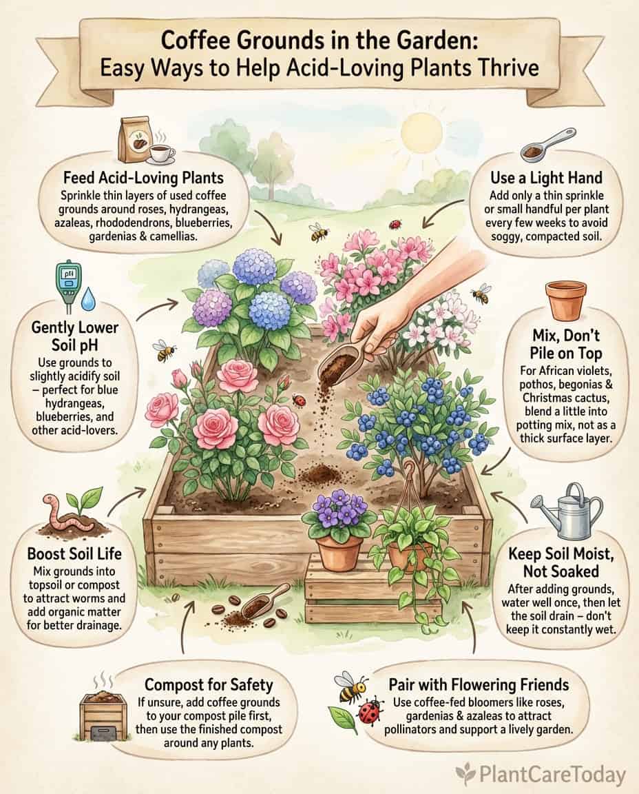 Infographic displaying twelve coffee-loving plants with coffee grounds application tips and visuals