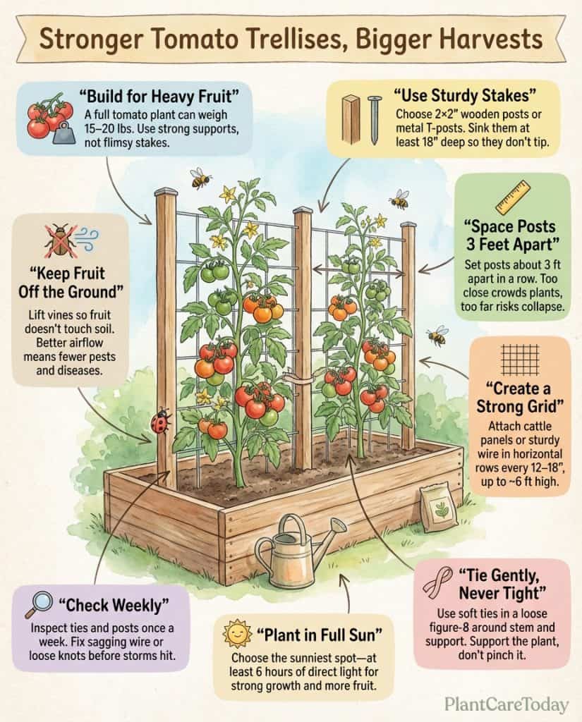 Tomato trellis infographic comparing support methods with weight capacity and structural diagrams