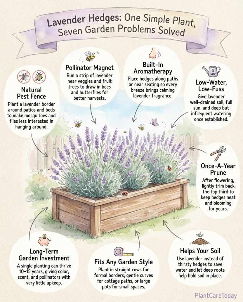 C_10489_2qH2G_lavender-hedge-garden-benefits-f1 Lavender hedge infographic showing planting layout, spacing requirements, and maintenance comparison chart