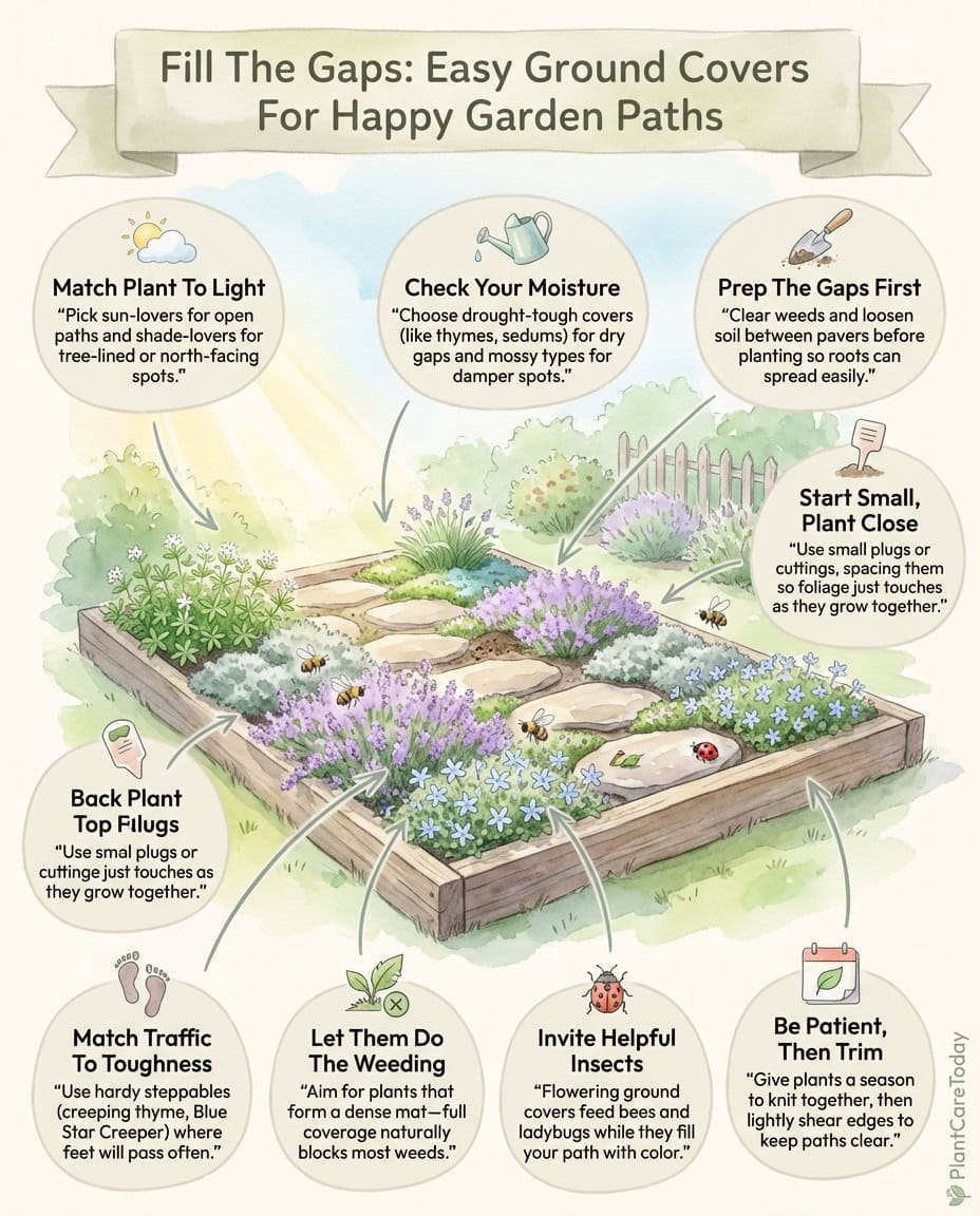 Infographic displaying ground cover plants for pavers with growth patterns and planting zones