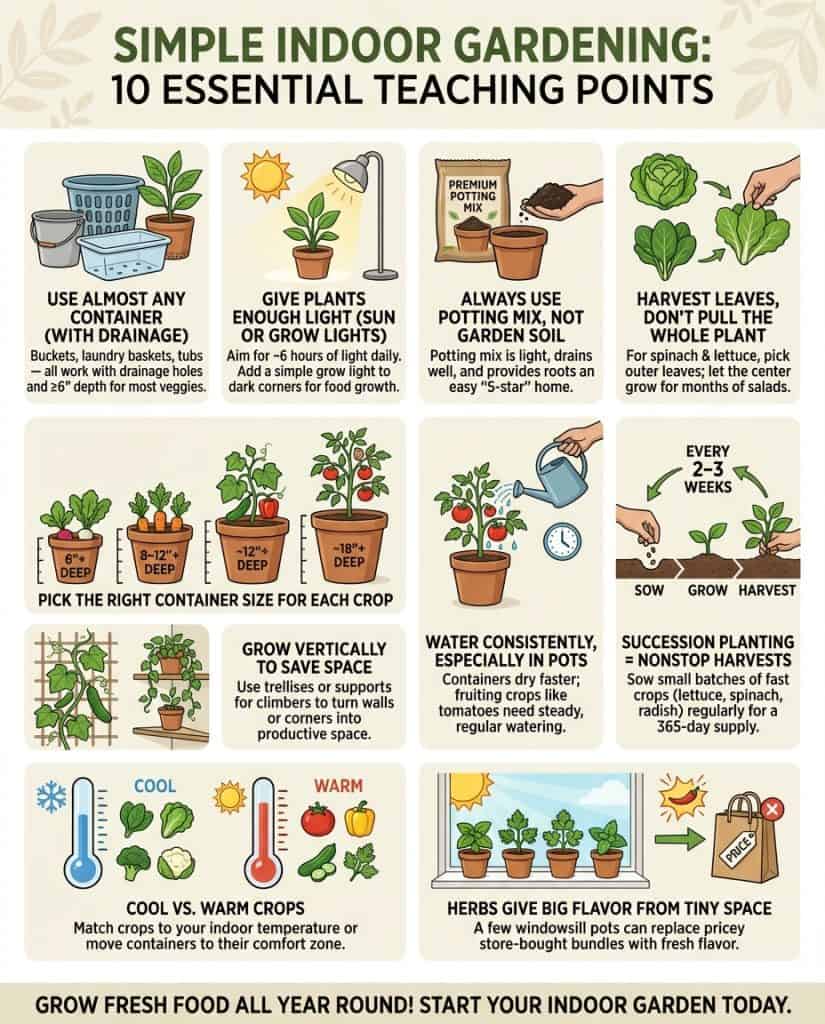 Infographic showing container vegetable gardening setup with supply list and growing tips