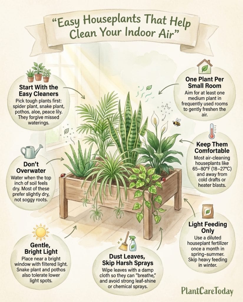 Infographic displaying air-purifying houseplants with toxin removal ratings and care requirements