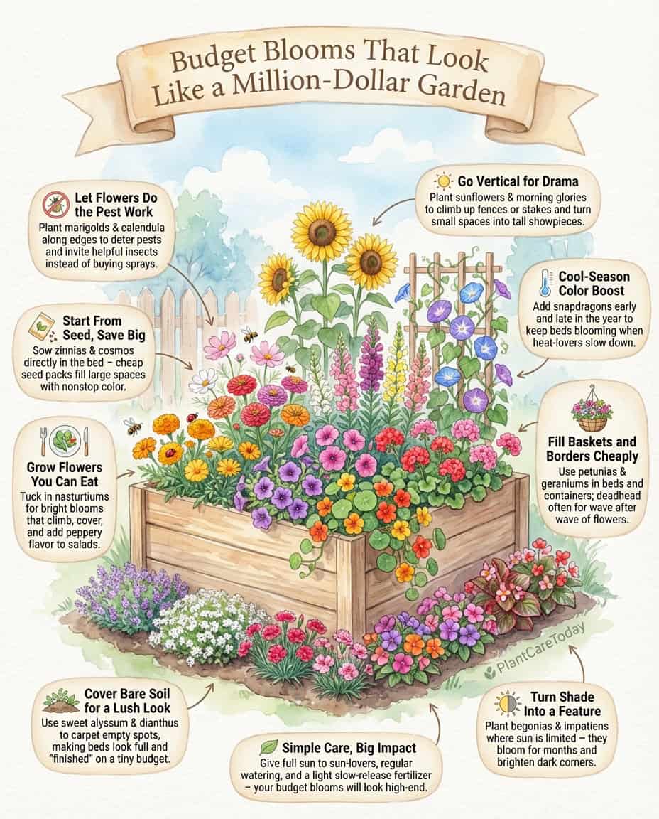 Infographic displaying 15 budget-friendly annual flowers with photos and growing information