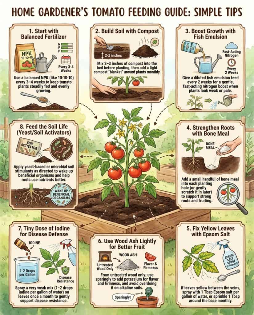Tomato fertilizer infographic showing eight nutrient application methods with plant diagrams