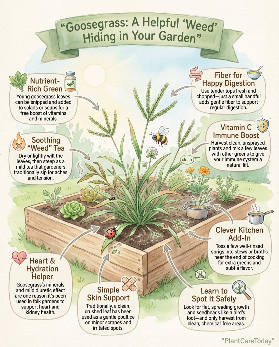 Goosegrass infographic showing plant identification features and traditional medicinal uses