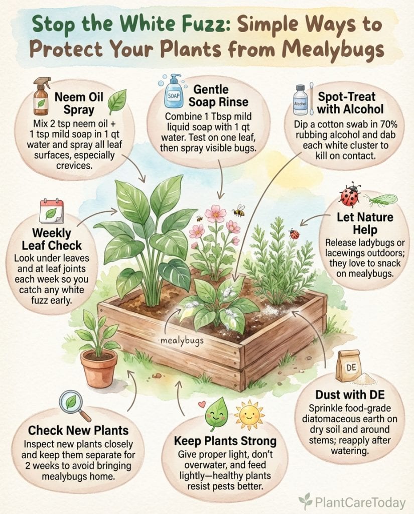 Infographic displaying six mealybug treatment methods for houseplants with step-by-step visuals
