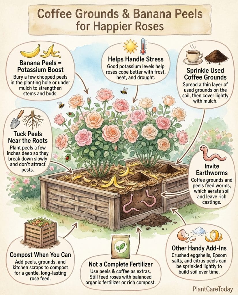 Infographic showing rose fertilization using kitchen scraps with application methods and benefits