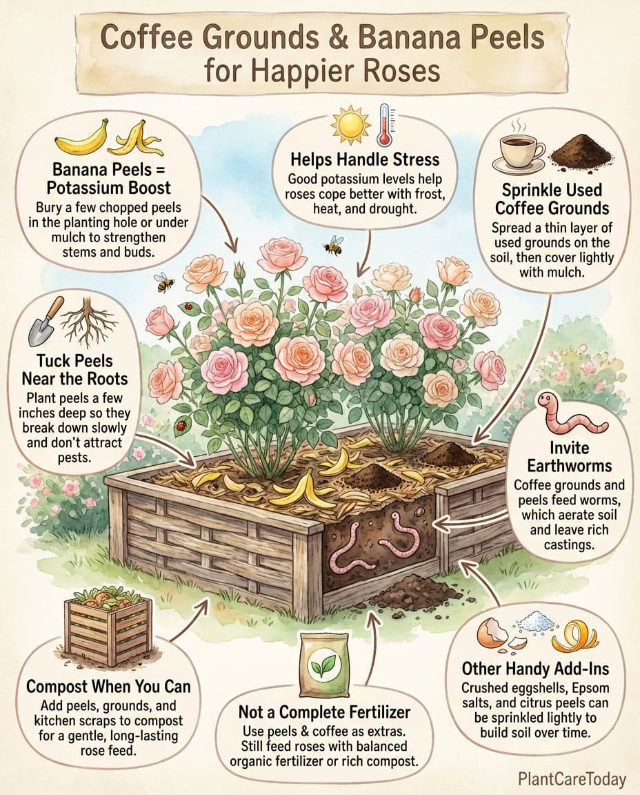 Infographic showing rose fertilization using kitchen scraps with application methods and benefits