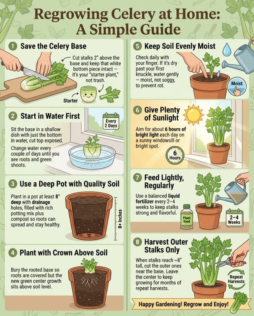 Celery regrowth infographic showing step-by-step process from scrap base to full plant in container