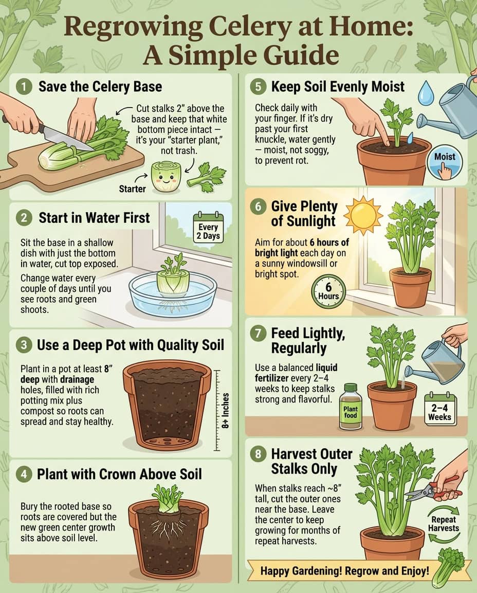 Celery regrowth infographic showing step-by-step process from scrap base to full plant in container