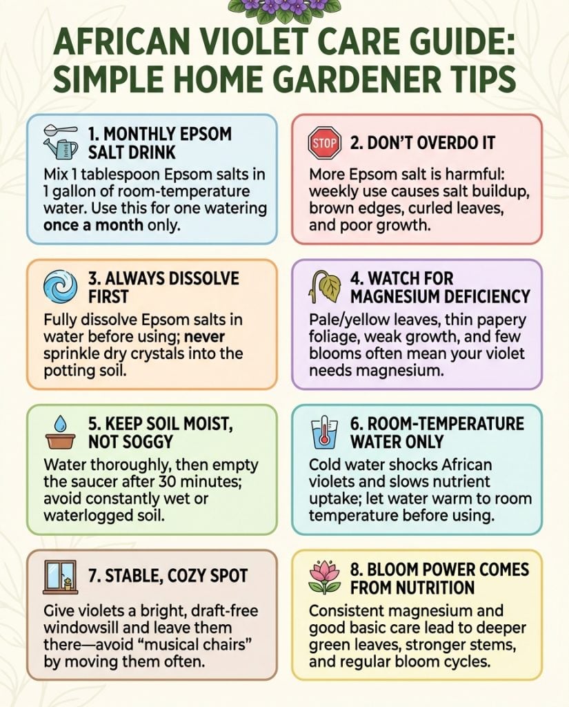 African violet care infographic showing Epsom salt application method with bloom comparison photos