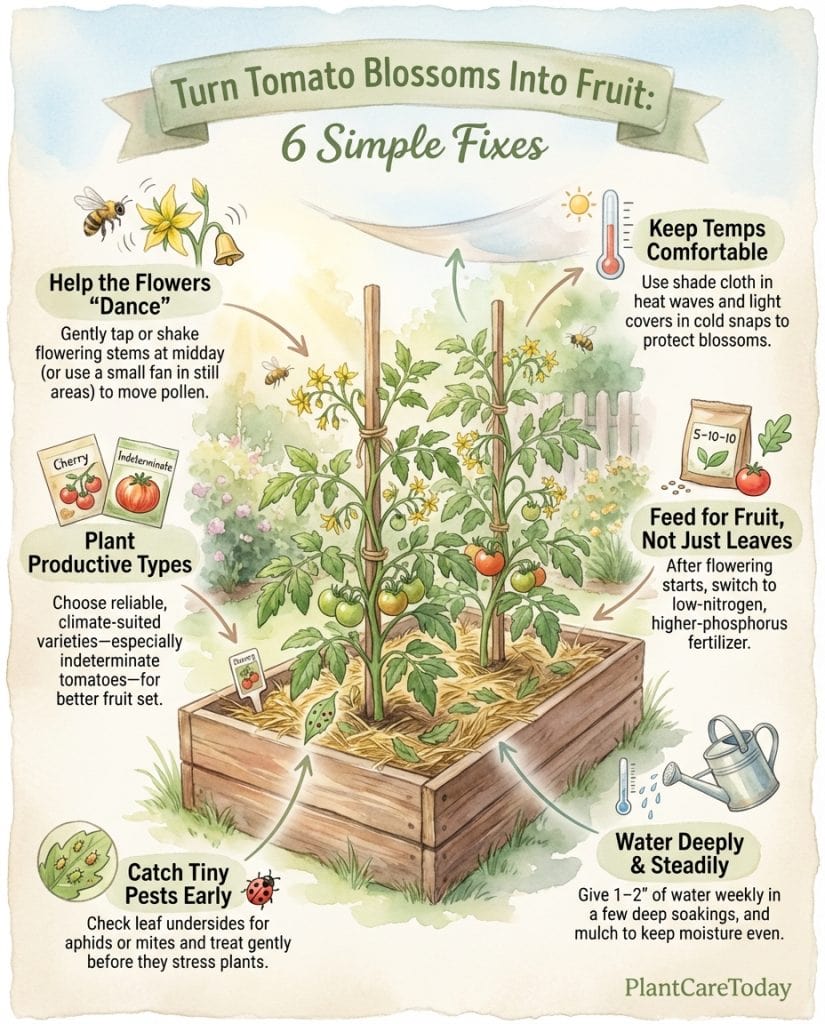 Tomato blossom drop infographic showing six environmental problems preventing fruit set with solutions