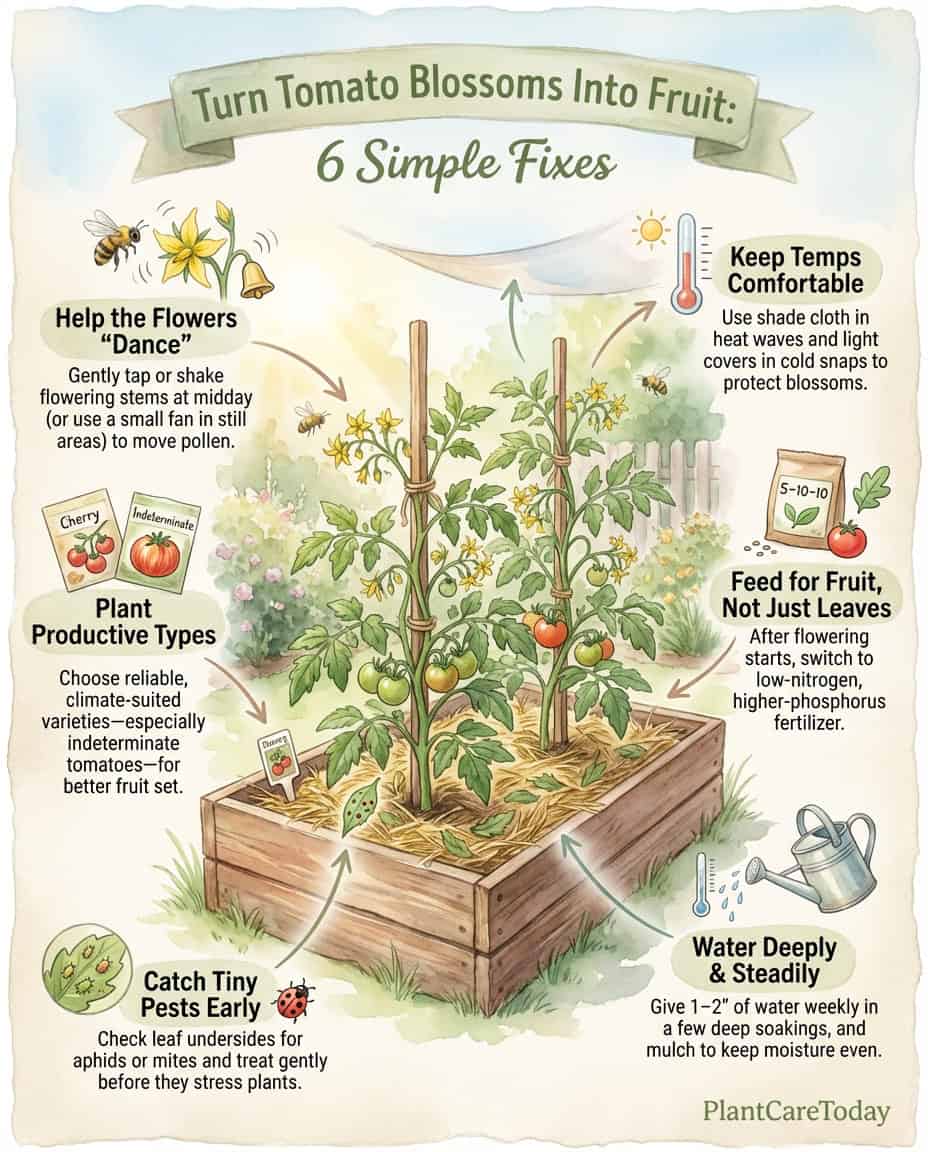 Tomato blossom drop infographic showing six environmental problems preventing fruit set with solutions