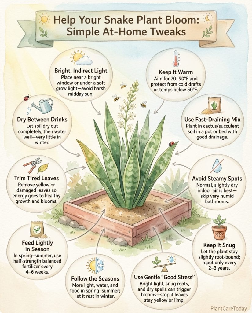 Infographic showing snake plant blooming tips with stress techniques and care adjustments