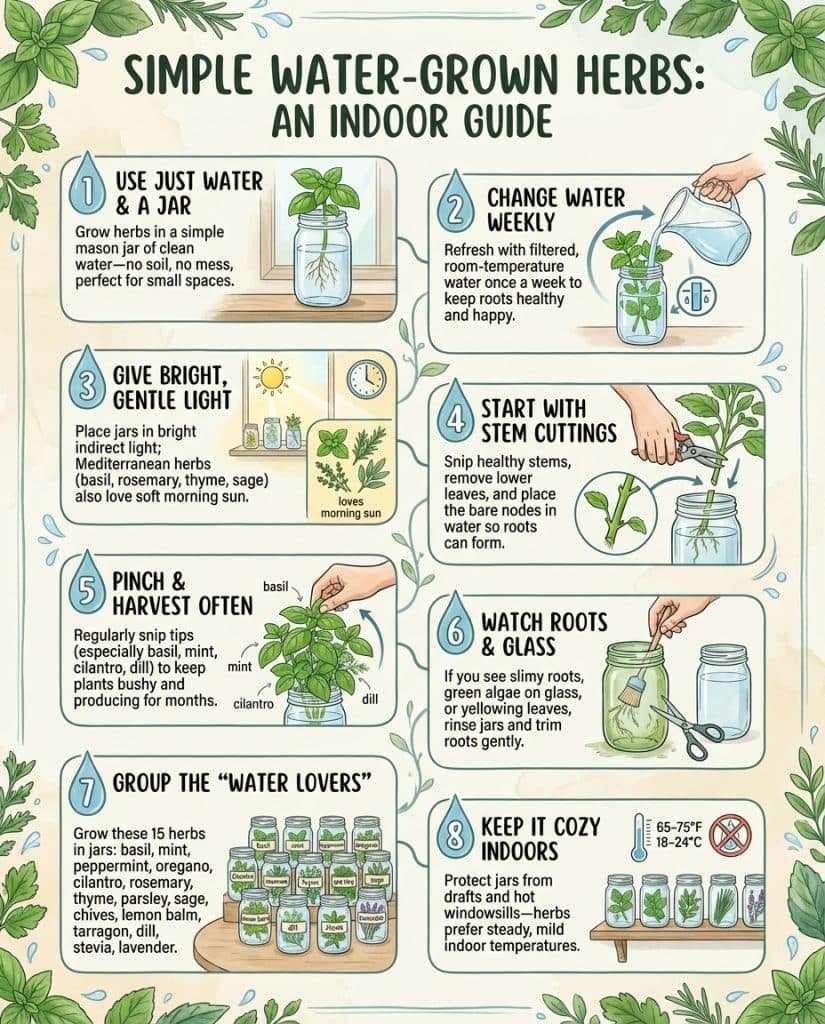Infographic showing water propagation method for kitchen herbs with mason jar setup and growth stages