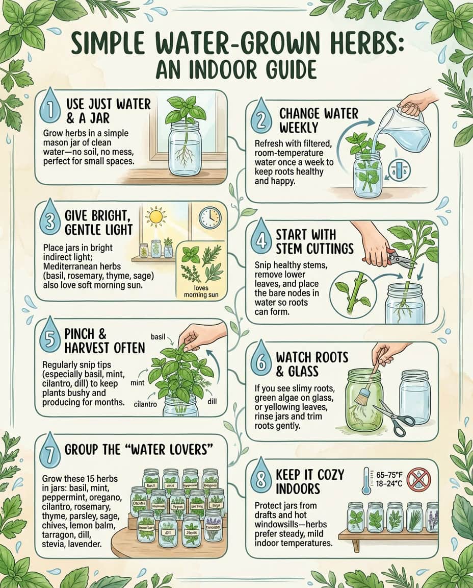 Infographic showing water propagation method for kitchen herbs with mason jar setup and growth stages