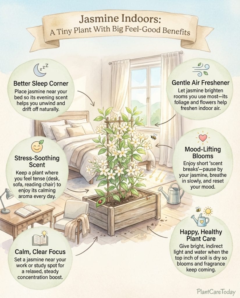 Infographic about jasmine plant sleep benefits with scientific explanations and bedroom placement tips